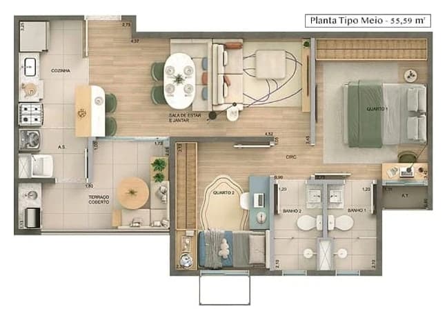 Planta tipo meio do Atmos Alphaville, 55,59 m²: 2 dormitórios, sendo 1 suíte, e terraço coberto