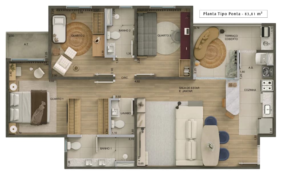 Planta tipo ponta do Atmos Alphaville, 83,81 m²: 3 dormitórios, sendo 1 suíte, lavabo e terraço coberto